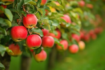 Vibrant red apples hanging from branches in an orchard during a sunny autumn day