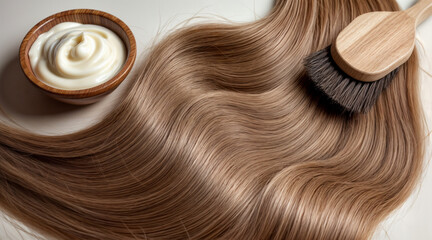 Brown Silky Hair with Brush and Hair Cream in Wooden Bowl.