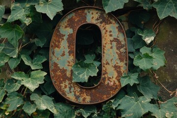 Rusty metal letter surrounded by green ivy in an outdoor garden setting