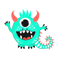 Cute light green monster, hand-drawn with a felt-tip pen, vector