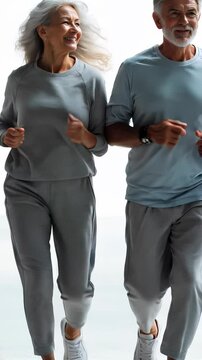 Active seniors jog together in light blue outfits during early morning exercise session in a bright studio setting. Ideal for Social Media, Stories, Advertising