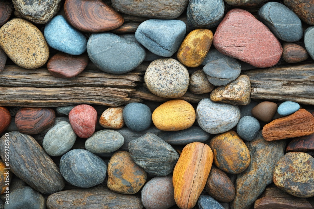 Aufkleber colorful arrangement of stones and pebbles in various shapes and sizes on a textured surface