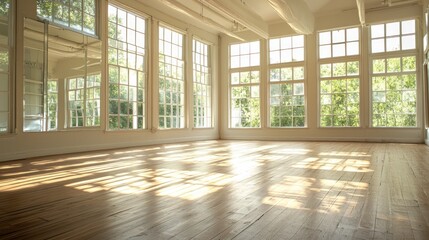 Obraz premium Spacious empty loft interior featuring natural light streaming through multiple windows onto hardwood floor