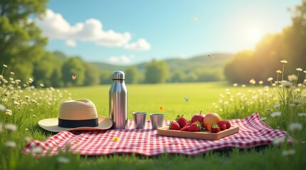 Enjoying a sunny picnic with fresh fruits and drinks on a checkered blanket in a lush green field