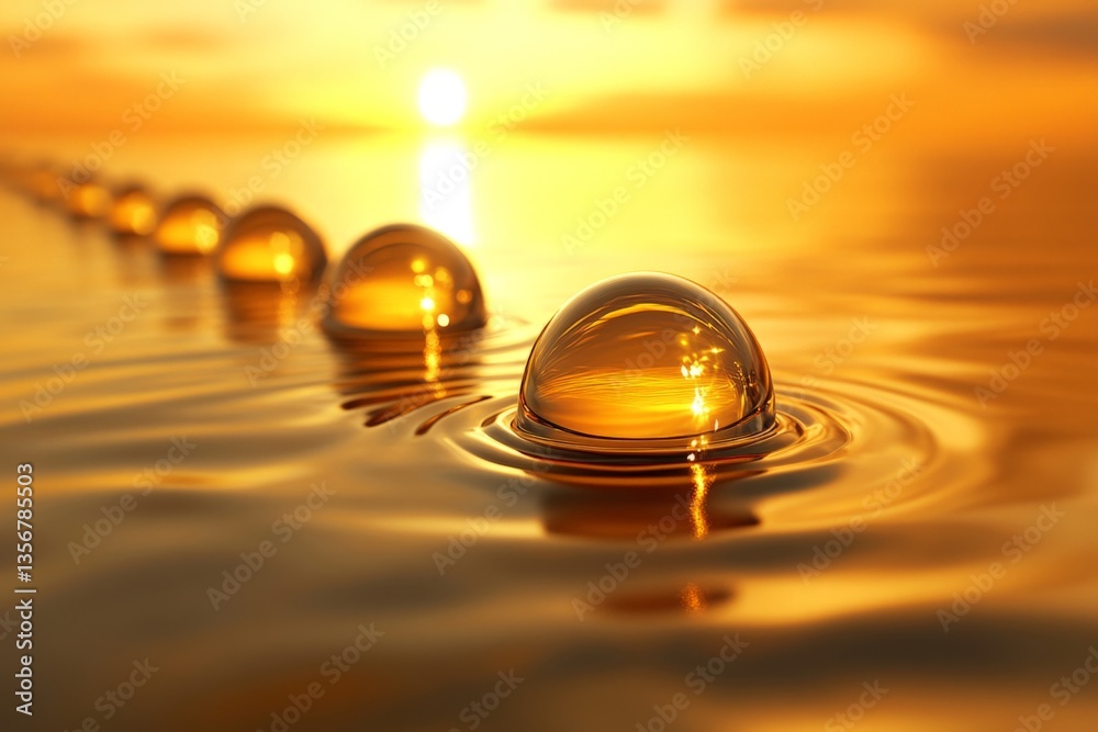 Poster golden bubbles floating on tranquil water at sunset create a serene and captivating moment of nature