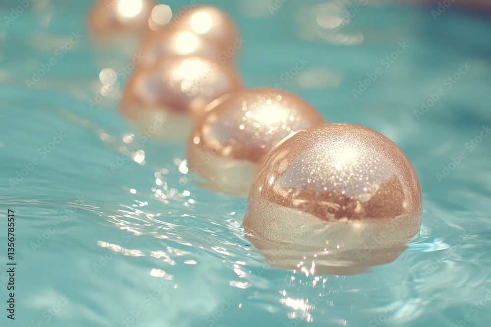 Poster glimmering decorative spheres floating in a tranquil pool during a sunny day