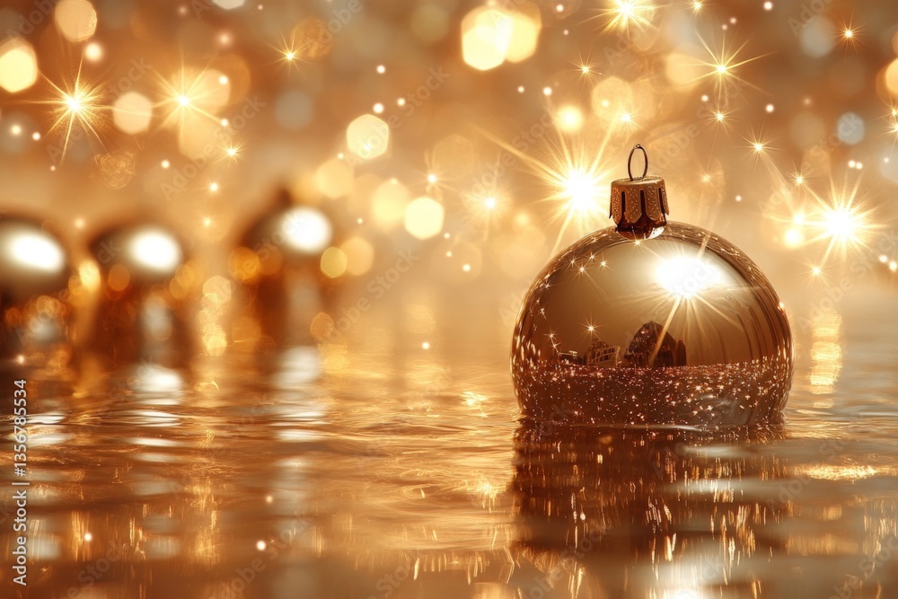 Aufkleber golden ornament glimmers on reflective surface with festive background of lights and sparkle during 