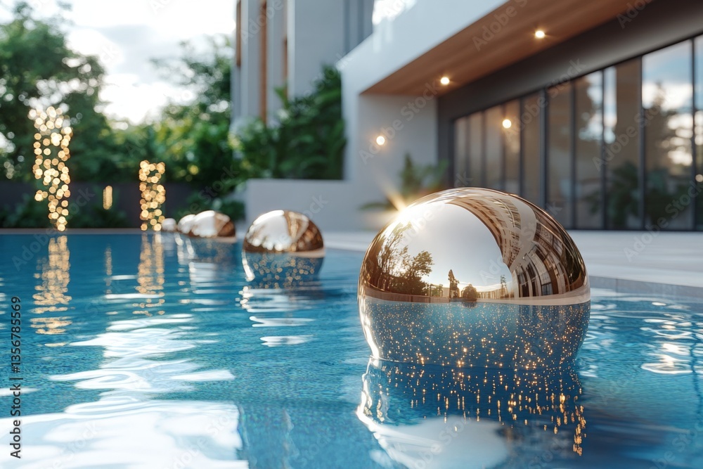 Poster Elegant reflective spheres float in a tranquil pool beside modern architecture during the late afternoon