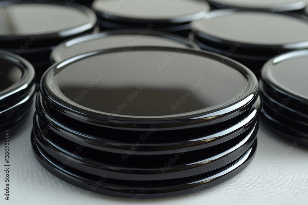 Fototapete Stack of glossy black coasters arranged neatly on a table showing smooth surfaces and clean lines