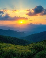 Fototapeta premium Majestic mountain range vista under a vibrant sunset sky capturing the serene beauty of nature with rolling hills and golden light