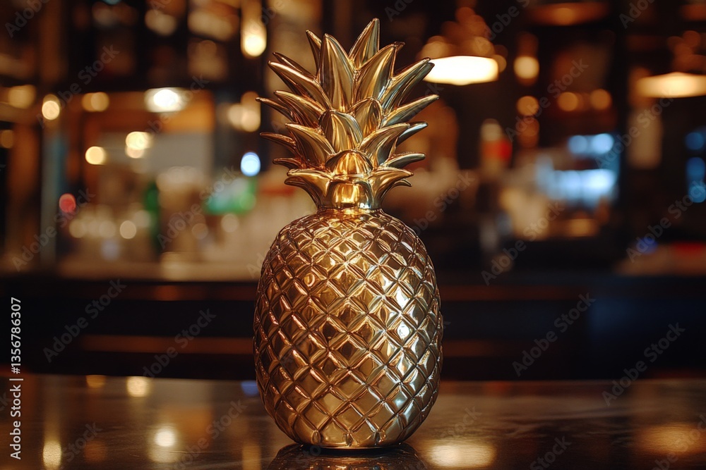 Poster golden pineapple sculpture displayed on a bar counter during evening hours in a stylish venue