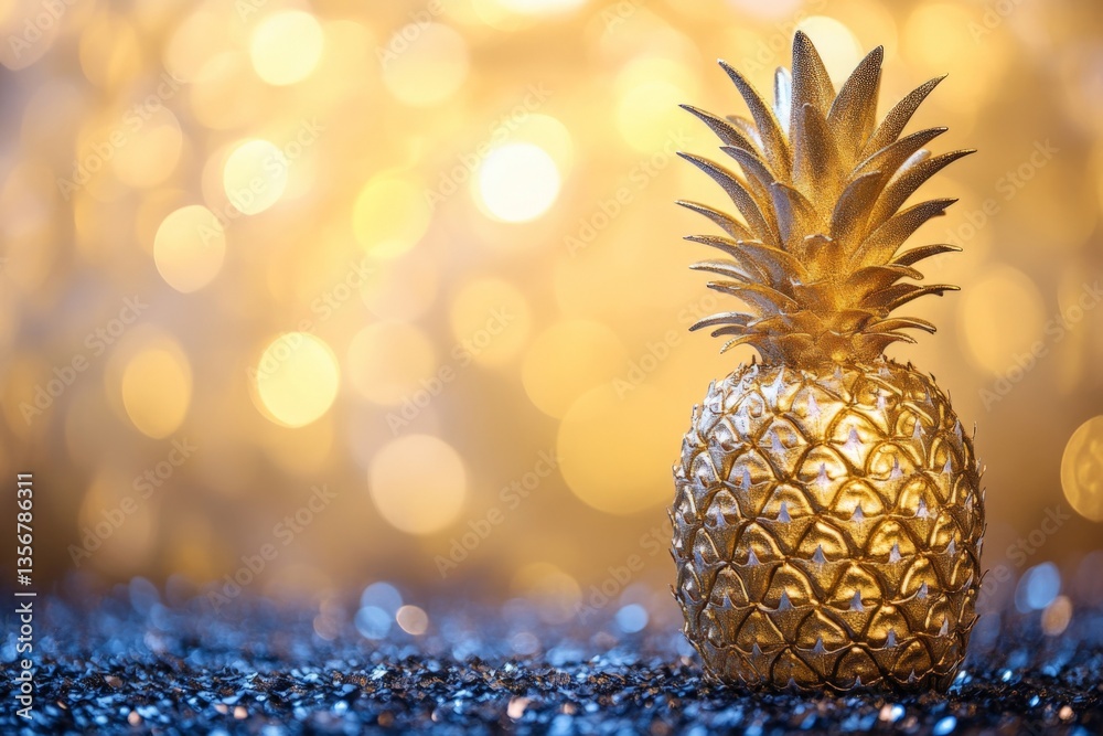 Poster decorative gold pineapple on sequined background with sparkling bokeh lights during festive celebrat
