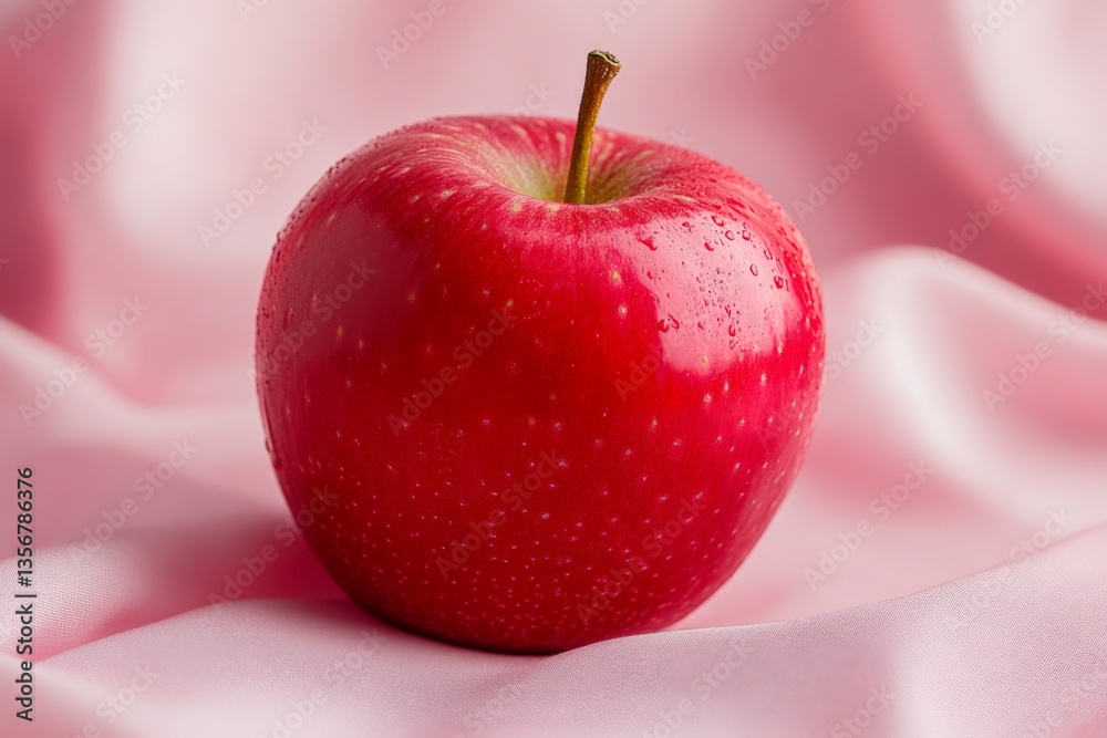 Poster fresh red apple resting on soft pink fabric with water droplets reflecting light in a cozy indoor se