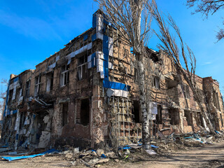 destroyed and burned houses in the city in Ukraine