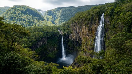 Majestic waterfalls surrounded by lush forests stunning landscape nature's beauty aerial viewpoint serene environment