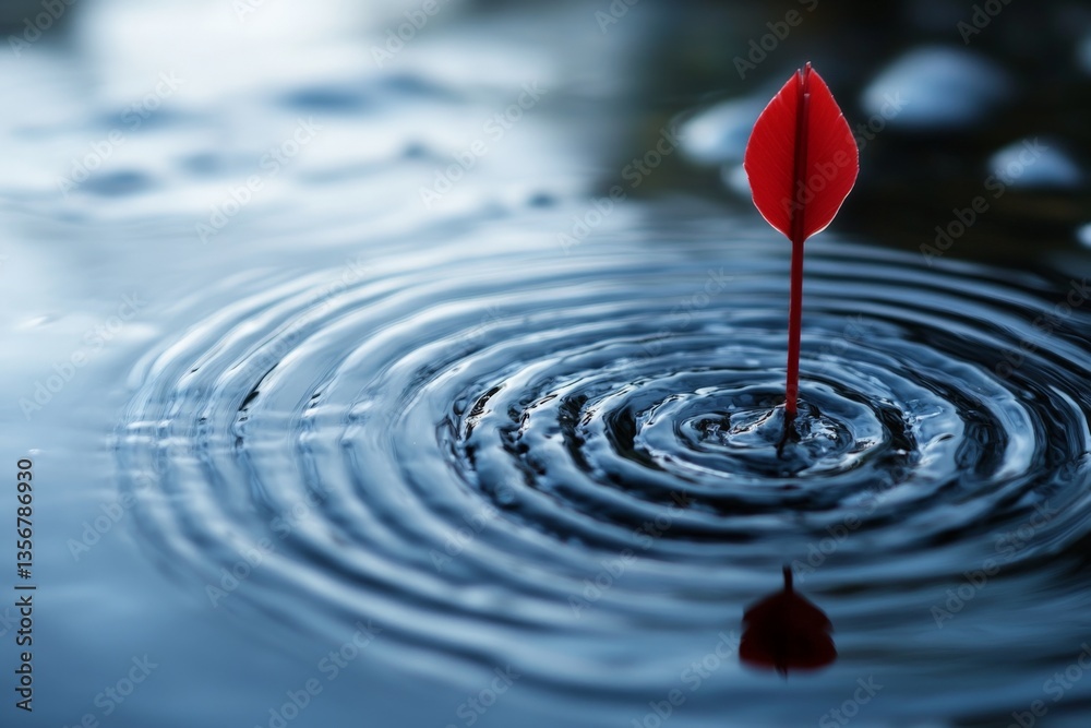 Leinwandbilder red dart punctuating calm water surface with ripples expanding outward in a serene environment