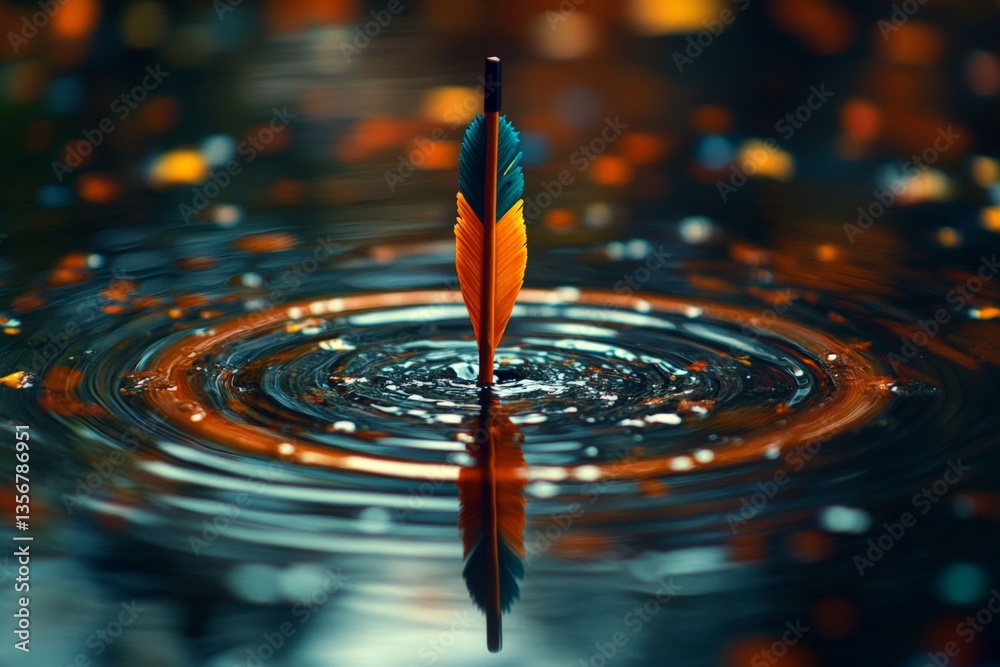 Aufkleber feather quill standing upright in water creates ripples during a serene moment at twilight