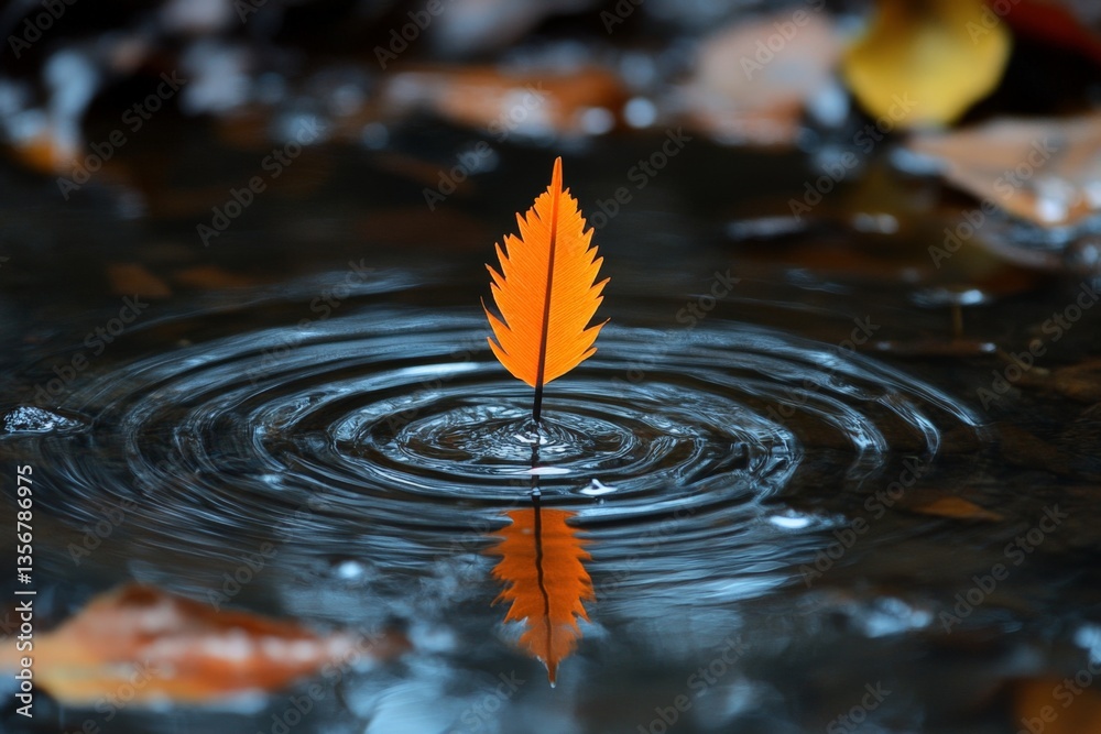 Poster Autumn leaf floats serenely on still water, creating ripples in a tranquil setting during early evening