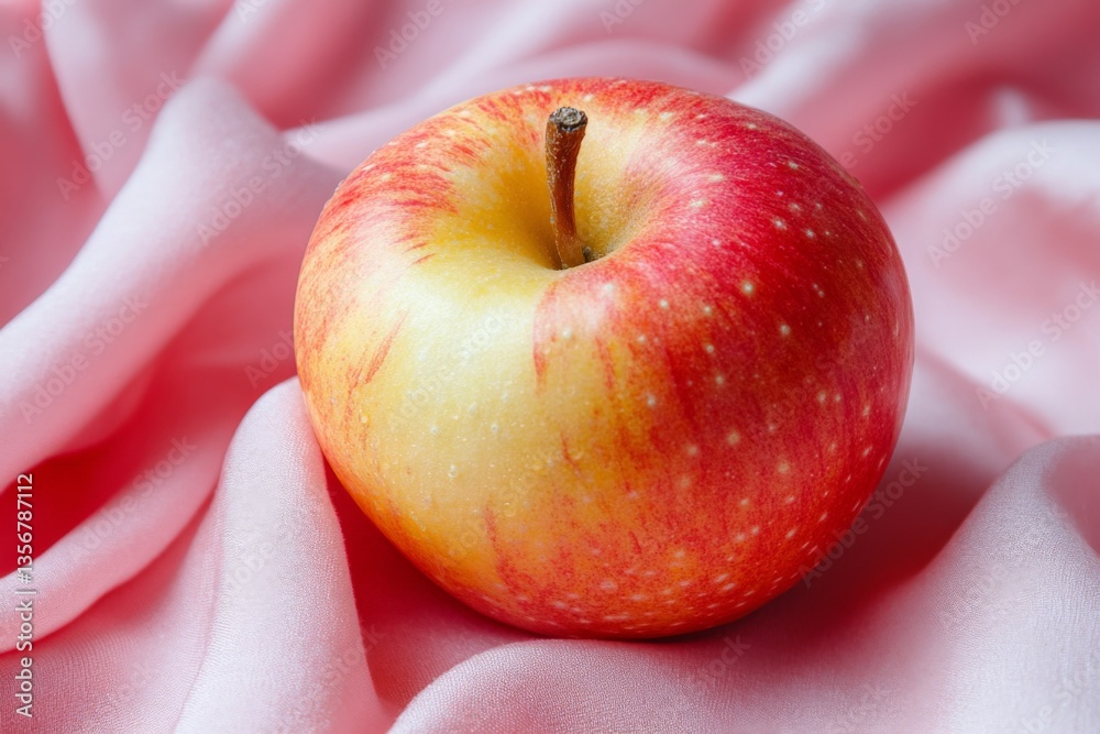 Aufkleber Fresh red apple resting on soft pink fabric in a well-lit setting during the afternoon