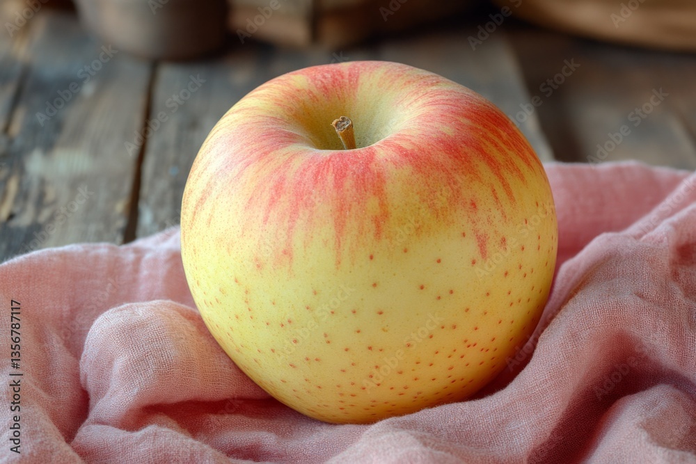 Poster bright red and yellow apple resting on soft cloth with rustic wooden background