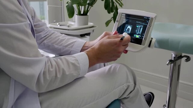 Unrecognizable doctor analyzing radiographs on futuristic medical technology