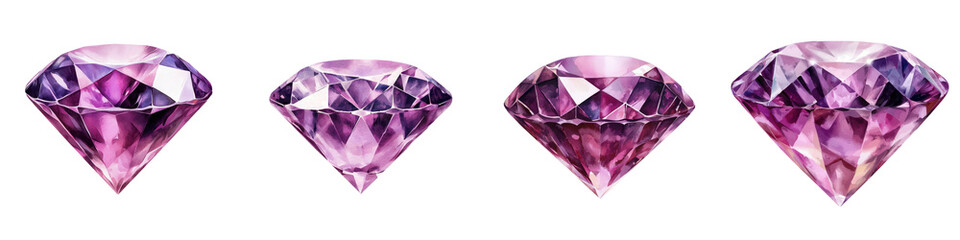 Fototapeta premium A collection of beautifully crafted purple diamonds showcased from various angles highlighting their intricate facets and brilliant shine