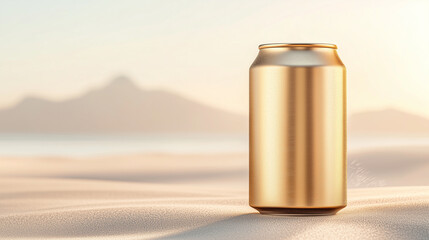 Obraz premium Golden can placed on sandy beach with mountains in the background at sunset