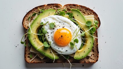 Delicious open-faced sandwich featuring ripe avocado slices, a sunny side up egg, microgreens, and whole grain bread on a light background.