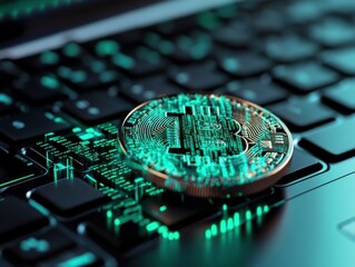 close-up of cryptocurrency coin on laptop keyboard with green digital code overlay