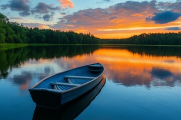 Sunset reflection on calm lake with empty blue rowboat anchored by forest