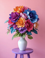 A vase of colorful paper flowers sits on a purple stool