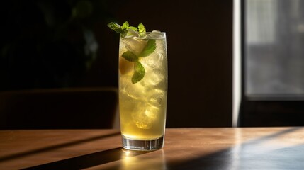 Refreshing Beverage with Ice and Mint Leaves on Wooden Table in Natural Sunlight