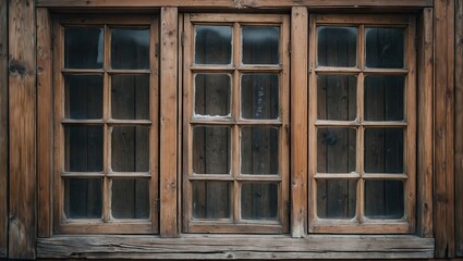 Vintage wooden window with a rustic design, featuring three panes bordered by warm brown wood against a weathered backdrop, enhancing nostalgic charm.