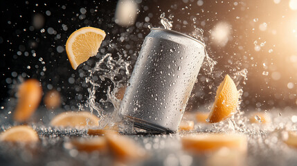 Citrus splashes around a cold drink can in dynamic summer refreshment setup with vibrant light