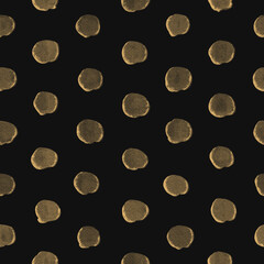 Illustration, background, seamless pattern of regular golden handwritten dots on black background