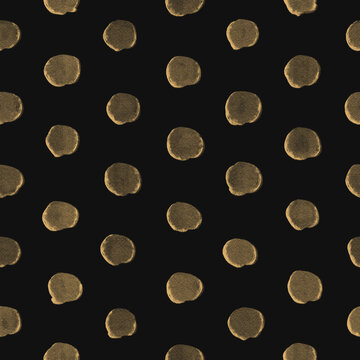 Illustration, background, seamless pattern of regular golden handwritten dots on black background