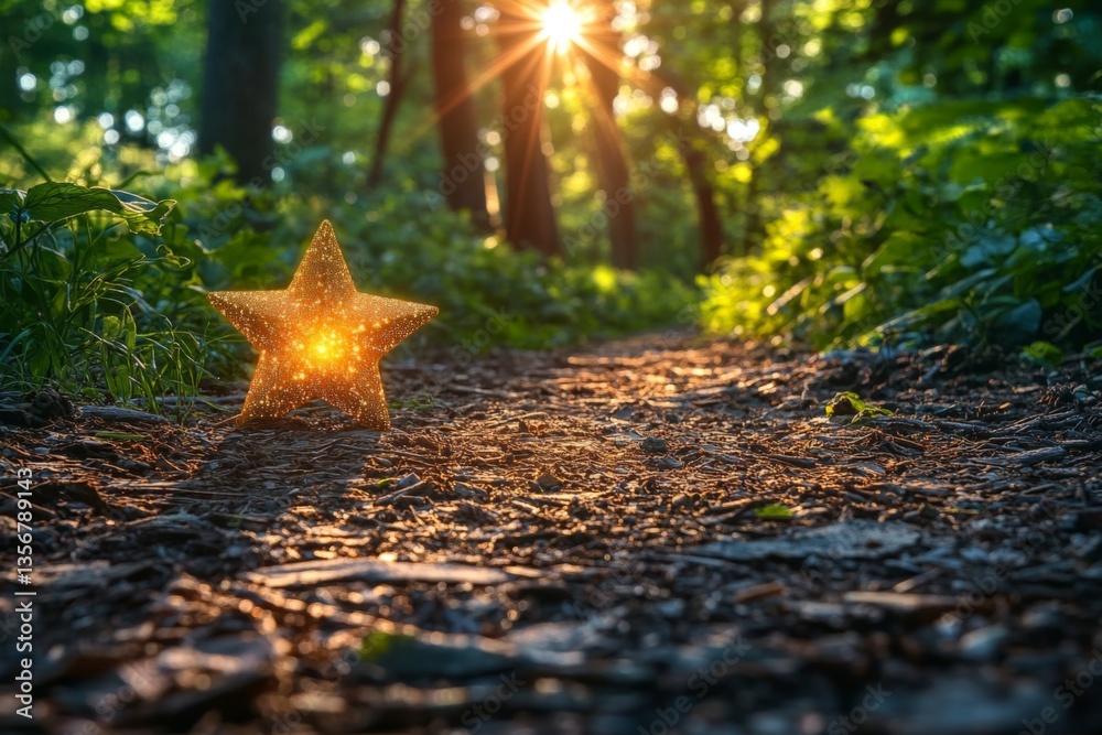 Aufkleber sparkling star on a forest path illuminated by sunlight during the golden hour in a serene outdoor s