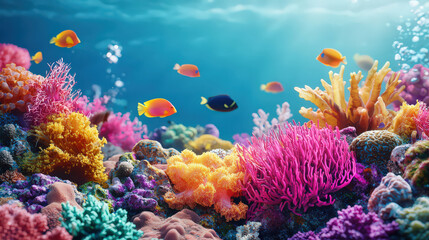 vibrant underwater scene showcases colorful coral reefs and various tropical fish swimming in clear blue water, creating lively and serene marine environment © นิพนธ์ บุญโปร่ง