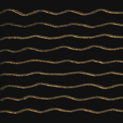 Illustration, background, pattern in the form of regular golden handwritten wavy stripes on a black background