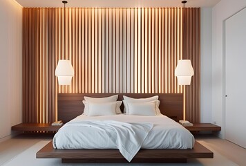Modern Minimalist Bedroom with Wooden Accents and Elegant Lighting

