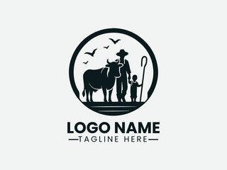 Obraz premium Farmer and Child Cow Silhouette Rural Family Logo Design