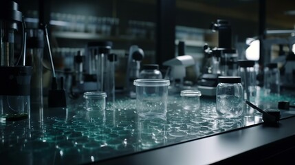 Research Science Lab with Clear Containers and Microscopes on Hexagonal Patterned Table in Dark Ambience
