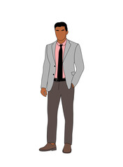 Business man standing full length. Handsome young man wearing formal office suit and tie. Vector colored outline illustration isolated on transparent background.