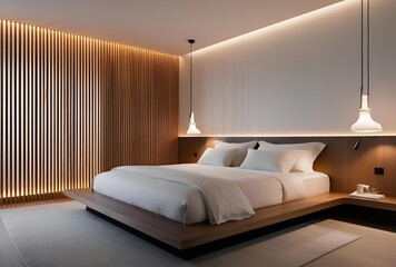 Modern Minimalist Bedroom with Wooden Accents and Elegant Lighting

