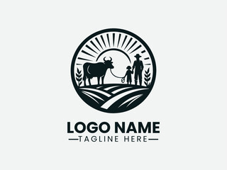 Farmer and Child Cow Silhouette Rural Family Logo Design