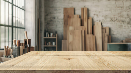 wooden table surface in workshop with tools and wooden planks in background, creating rustic and industrious atmosphere