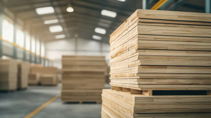 Obraz premium Stacks of wooden planks are neatly arranged in spacious warehouse, showcasing industrial setting with focus on construction materials. lighting highlights texture and grain of wood