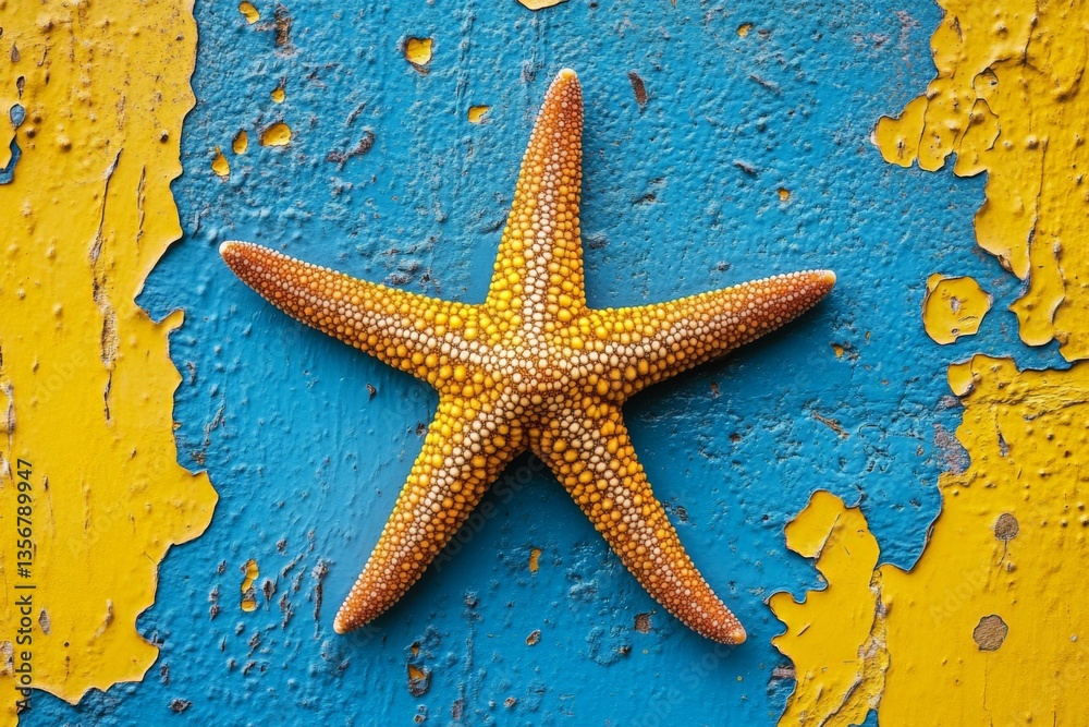 Poster starfish resting on a weathered blue and yellow surface showcasing vibrant colors in a coastal setti