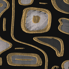 Illustration, background, pattern in the form of gold, white and gray handwritten figures on a black background
