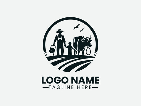 farmer and child with cow silhouette. Rural family life logo